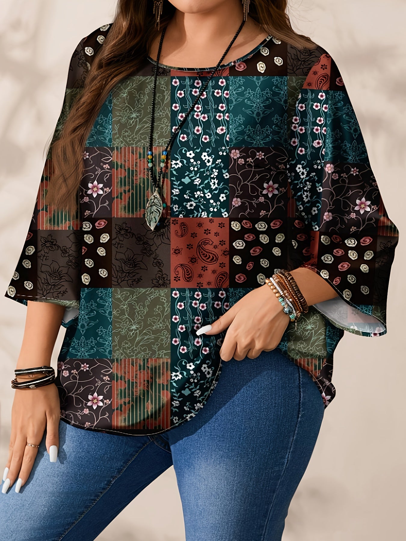 Plus Size Women's Floral Print Linen Blouse with Color Block and 3/4 Sleeves