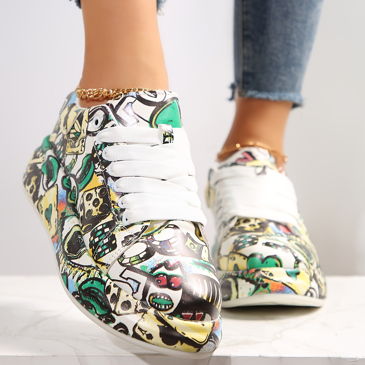 Women's Graffiti Print Skate Shoes, Lace Up Platform Sneakers