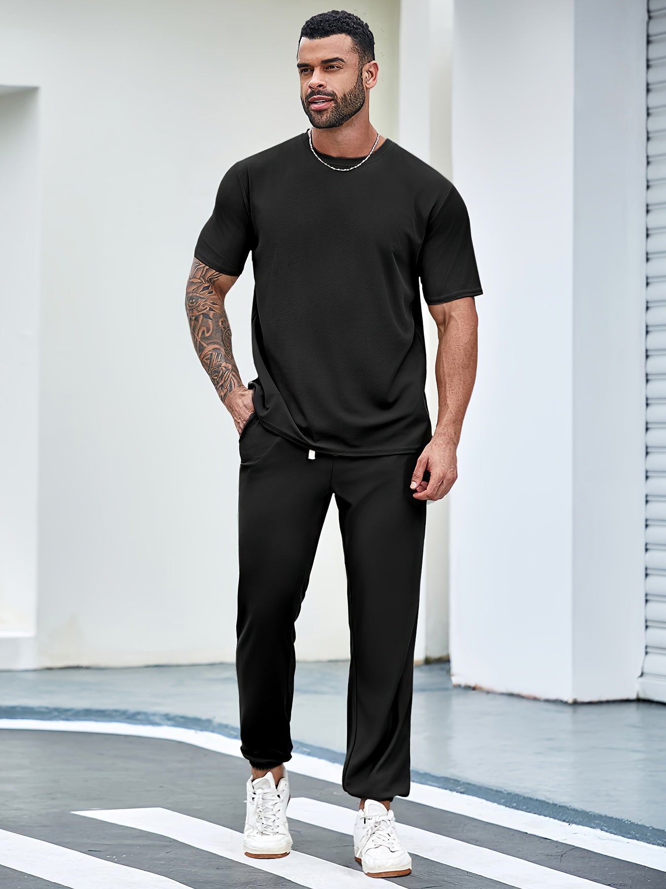 Men's Polyester Casual Sports Outfit with Short-Sleeve T-Shirt Shorts and Long Pants for Running and All-Season