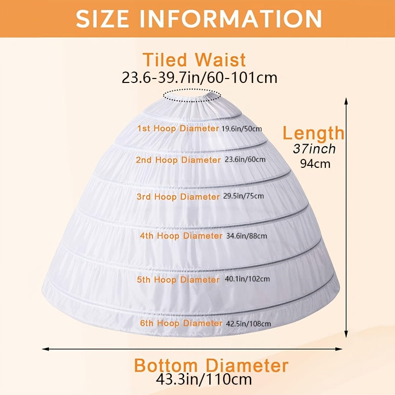 6-Hoop Romantic Wedding Dress Petticoat Polyester for Bridal and Banquet Gowns Size 2-18