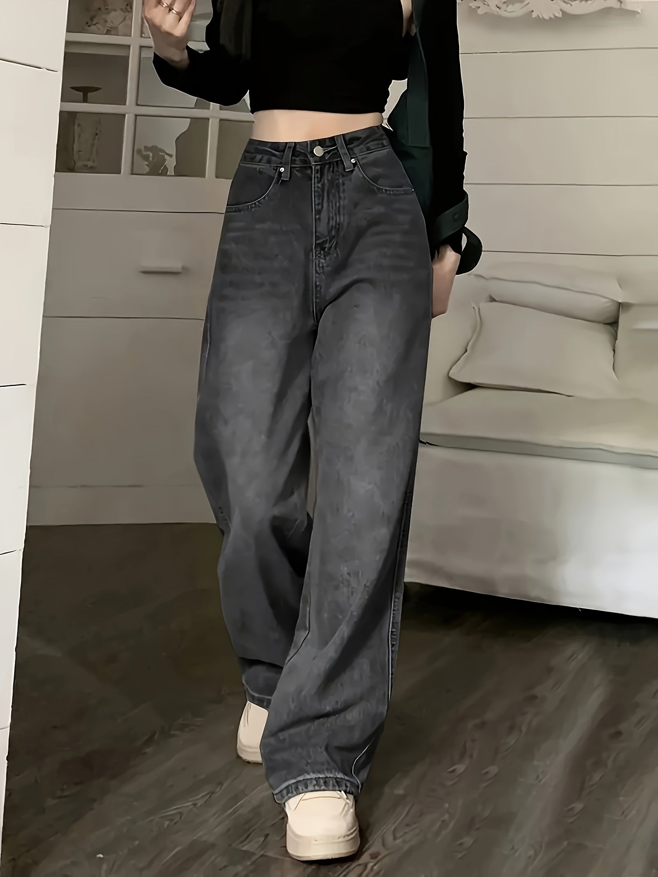 Jeans de estilo vintage para mujer con pierna recta suelta y múltiples bolsillos, pantalones de mezclilla para uso casual