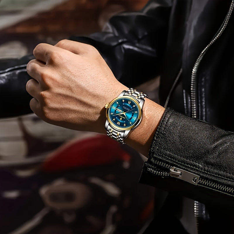 Unisex Quartz Watch with Stainless Steel Strap and Blue Luminous Dial