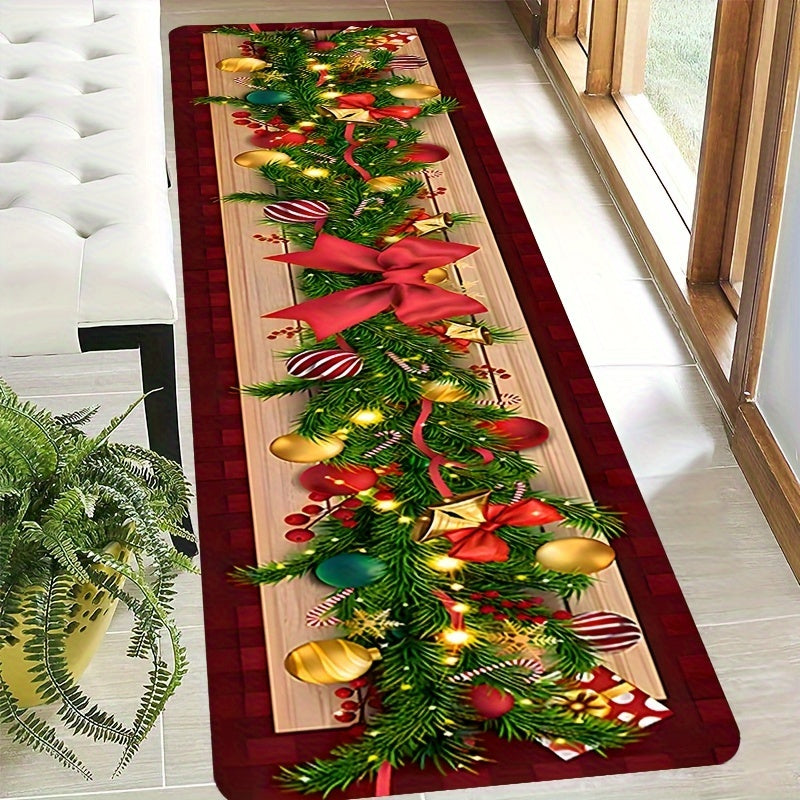 Christmas Runner Rug Festive Tree Ornaments Non-Slip Stain Resistant Hallway Decor