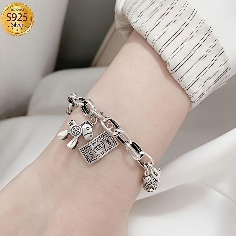Pulsera de plata de ley para mujer con dijes de caballo y moneda estilo vintage regalo