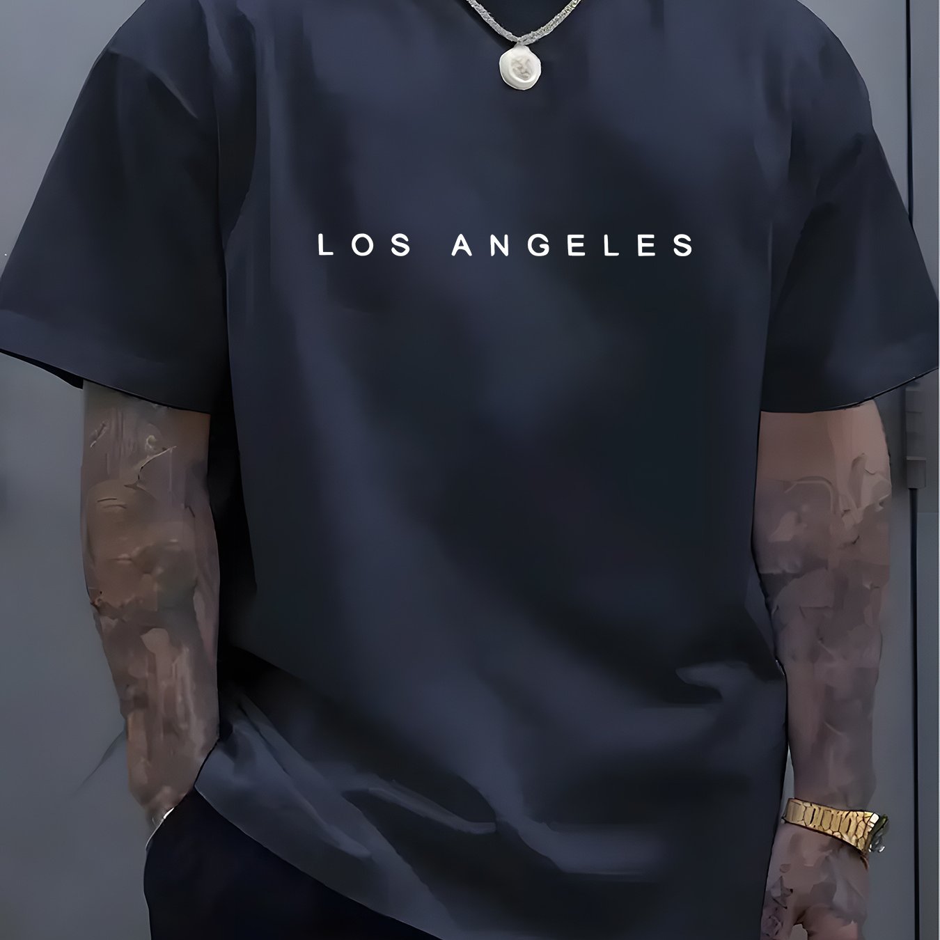 Camiseta de manga corta para hombre de poliéster con cuello redondo y patrón de alfabetos para verano casual