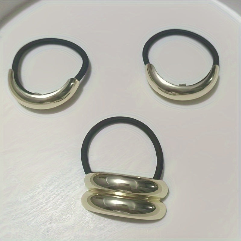 Set of 3 Gold Alloy Hair Ties for Women and Girls Elastic Ponytail Holders Stylish Updos