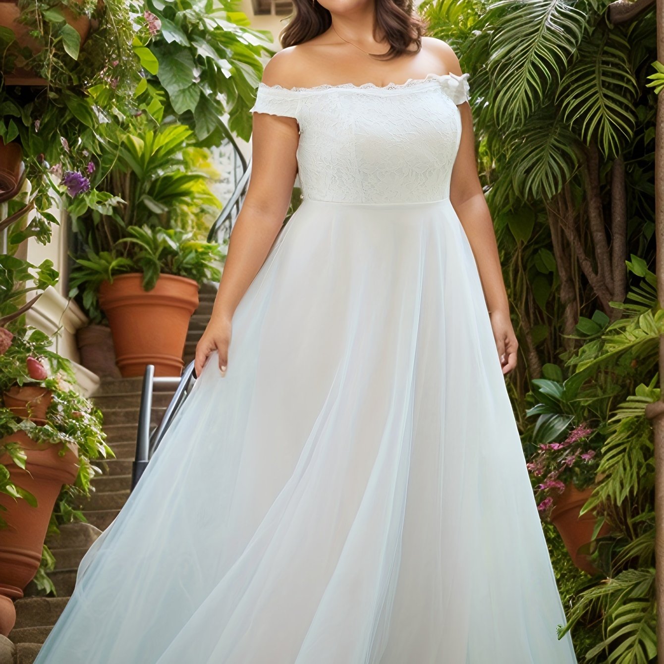 Plus Size Women's Lace Off-Shoulder Wedding Dress Sleeveless Tulle Gown
