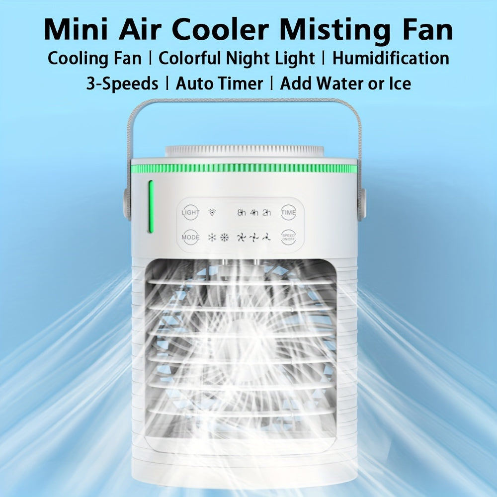 Portable Mist Fan with Colorful Lights, 3-Speed, USB Power, Touch Control