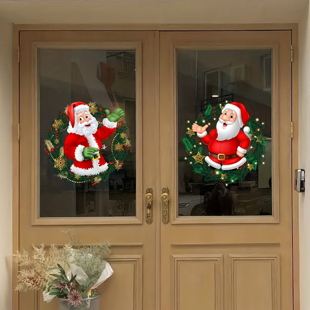 Set of 2 Christmas Glass Window Stickers Santa Claus Pattern Removable Decor