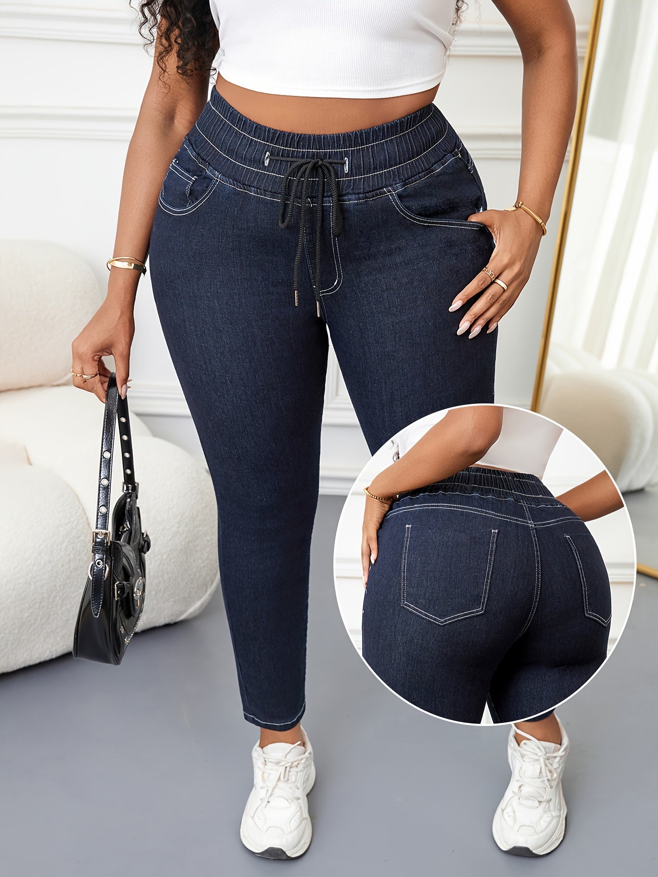 Women's Plus Size High-Waisted Stretch Denim Jeans with Elastic Waist Blue