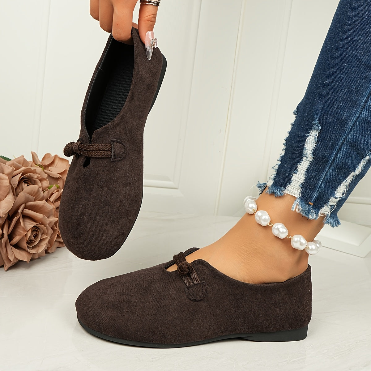 Women’s Fabric Slip-On Flats Casual Round Toe Shoes Black All-Season