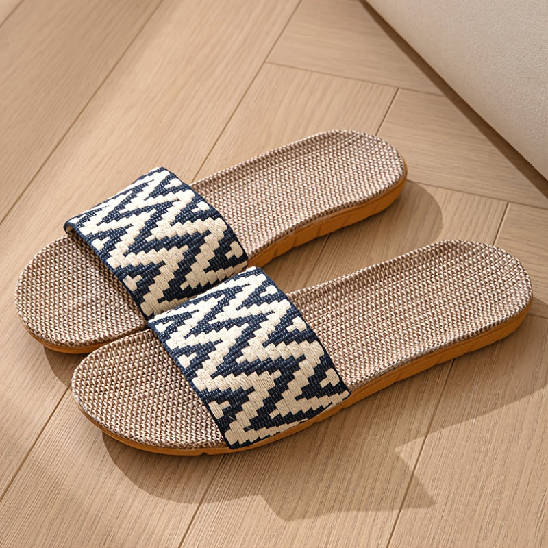 Unisex Linen Slip-On Slippers with Chevron Pattern Non-Slip EVA Sole