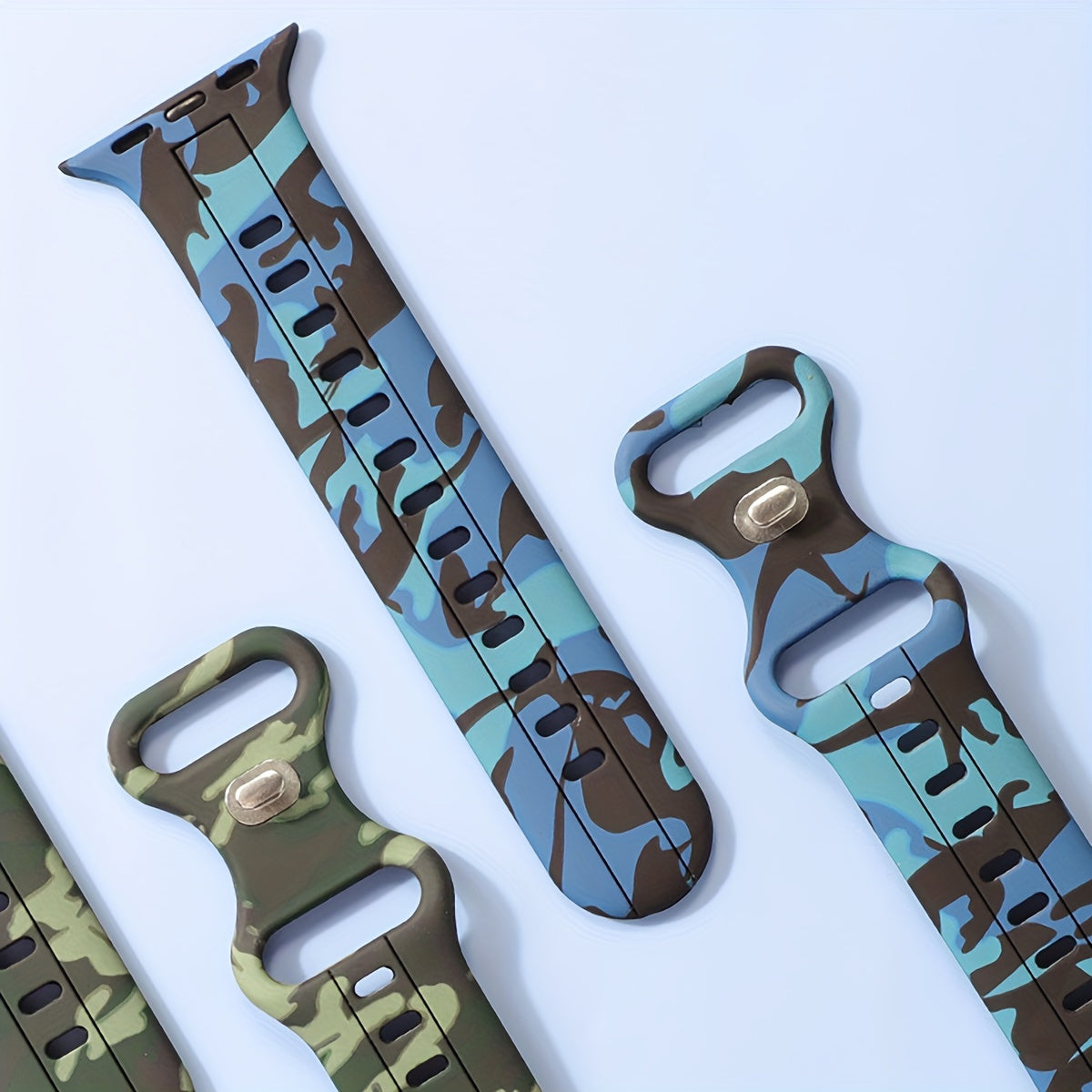 Ko'p rangli kamuflyaj silikondan yasalgan sport tasmasi IWatch Series 9-1 SE uchun, suv o'tkazmaydigan, terga chidamli, qulay, mustahkam, metall sozlash teshigi bilan, kapalak dumiga o'xshash dizayn.