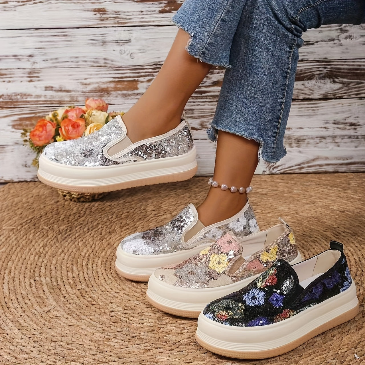 Color Collision Sports Sneakers for Women with Thick Soles Sequin Embellishments