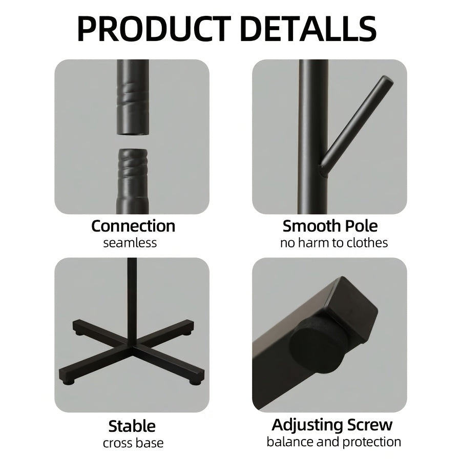 Black Iron Freestanding Coat Rack with Cross Chassis and Adjustable Pole