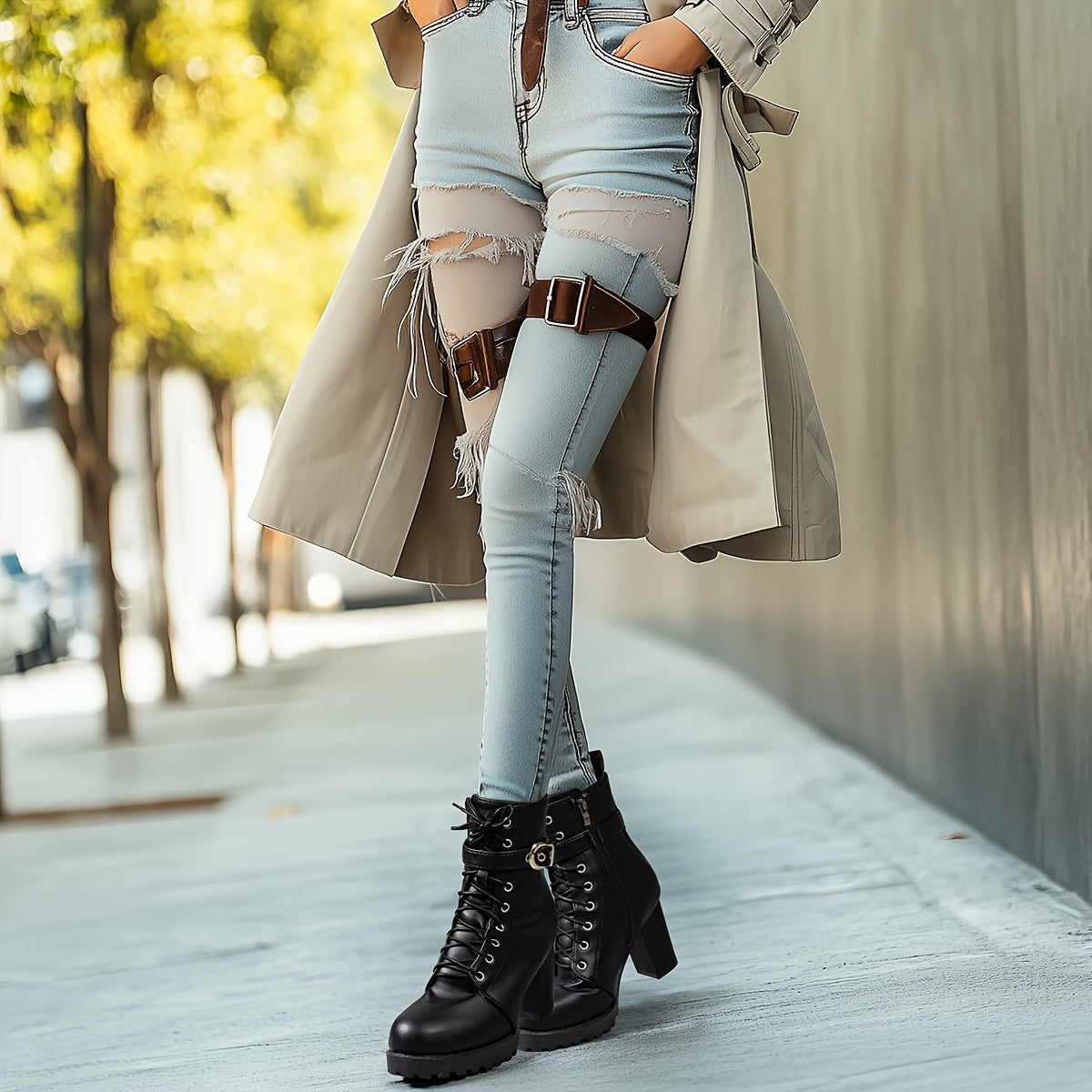 Женские ботинки на платформе с средним каблуком, однотонные, круглым носком, на шнуровке