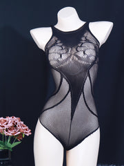 Women's Geometric Patterned Polyamide Knit Bodysuit Sleeveless High Support Fishnet Dress