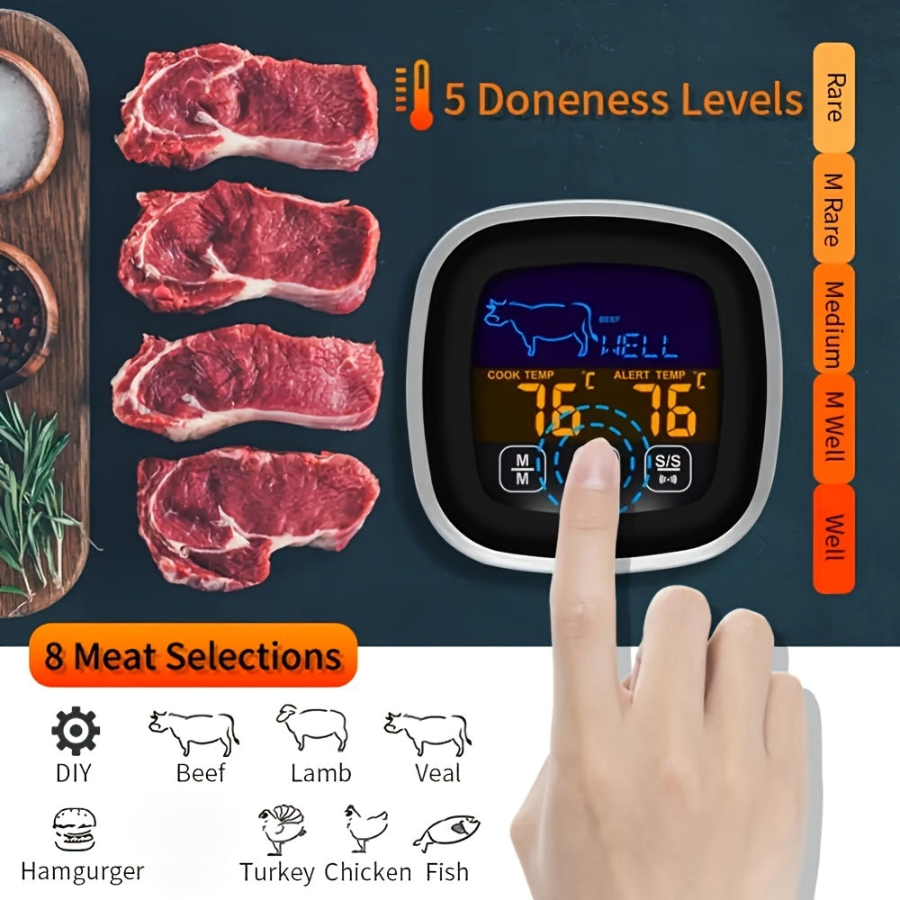 Большой сенсорный экранный термометр для мяса с часами, таймером, стальным зондом для барбекю, духовки, выпечки, жидкостей, конфет
