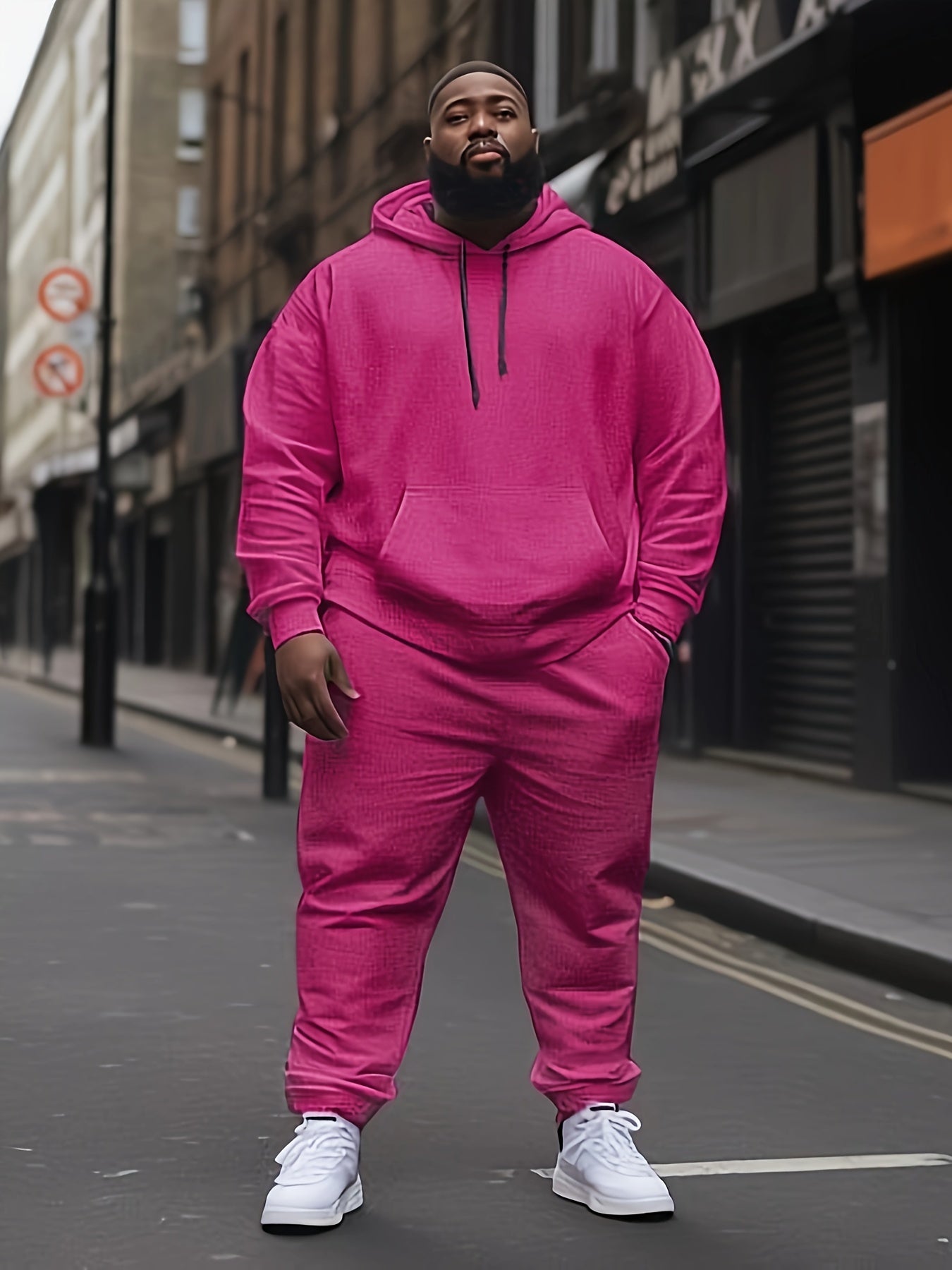 Men's Plus Size Hooded Casual Tracksuit 2pcs Solid Polyester Regular Fit Sports Set