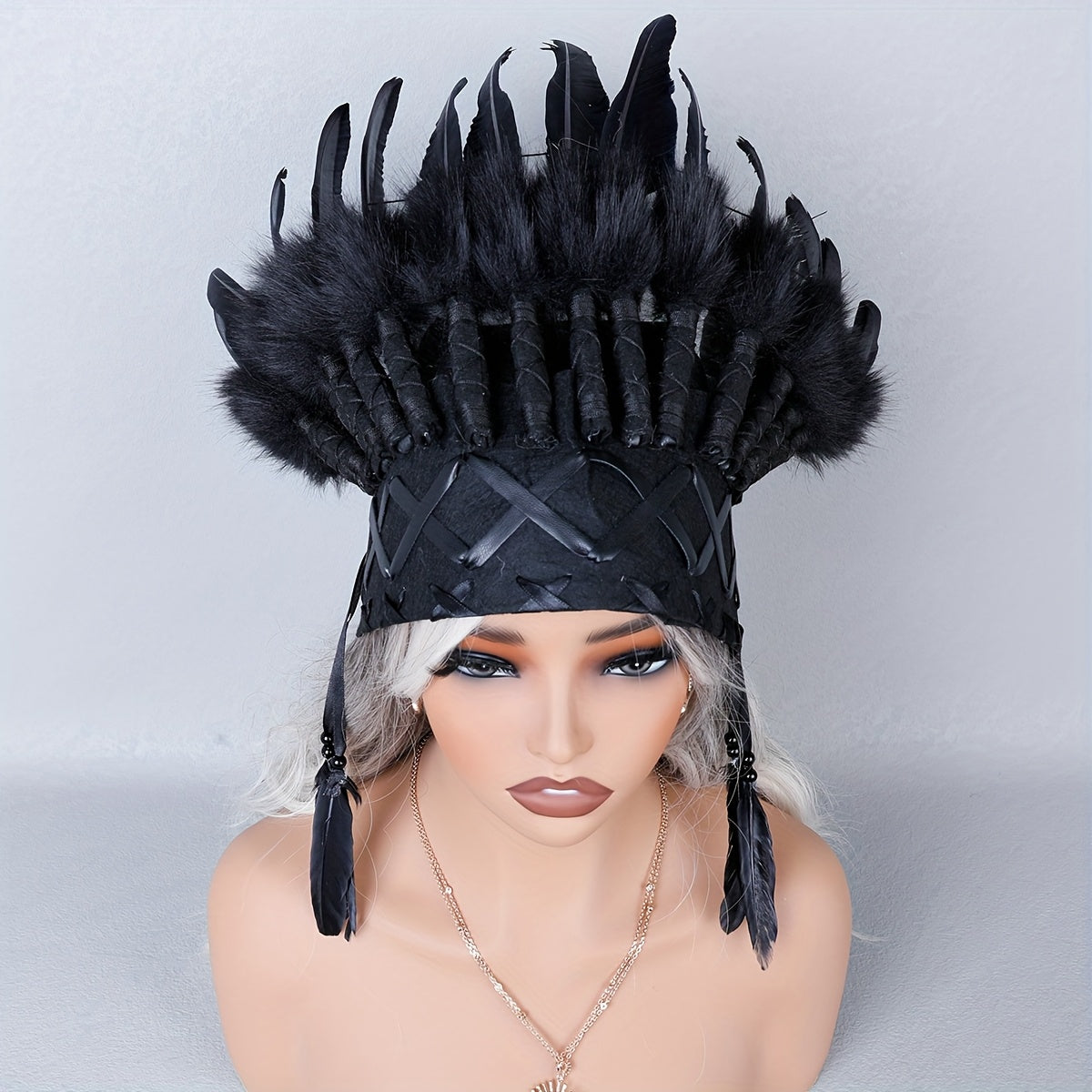 Sombrero indio de plumas negras falsas con diseño inspirado en lo vintage para Halloween y carnaval
