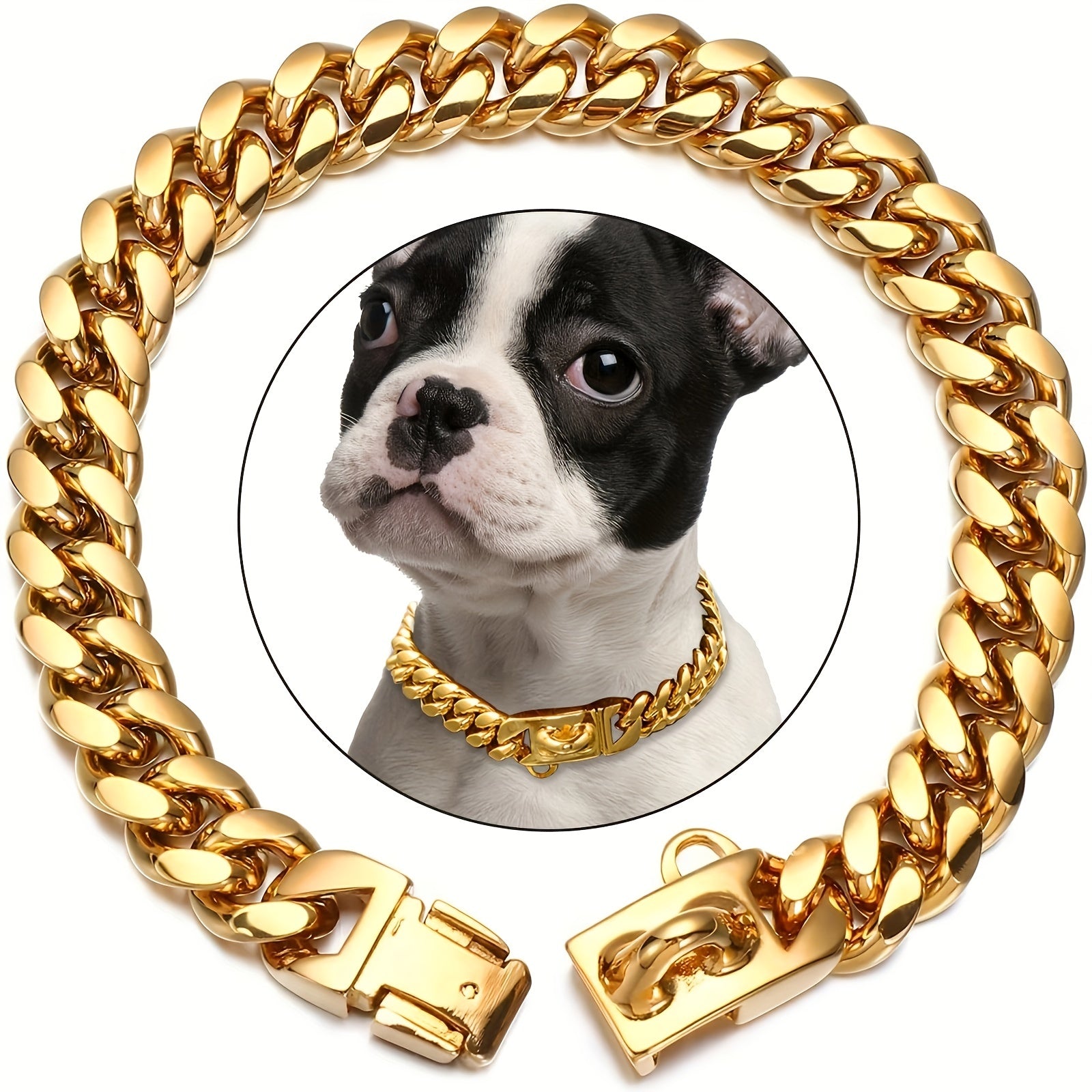 Stainless Steel Dog Collar with Gold Chain Waterproof Anti-Chew Durable Pet Accessory