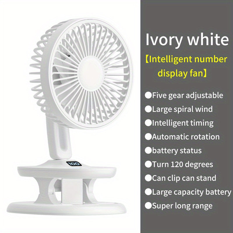 Portable USB Fan with Clamp and Stand, Handheld Shaking Head, Rechargeable Battery