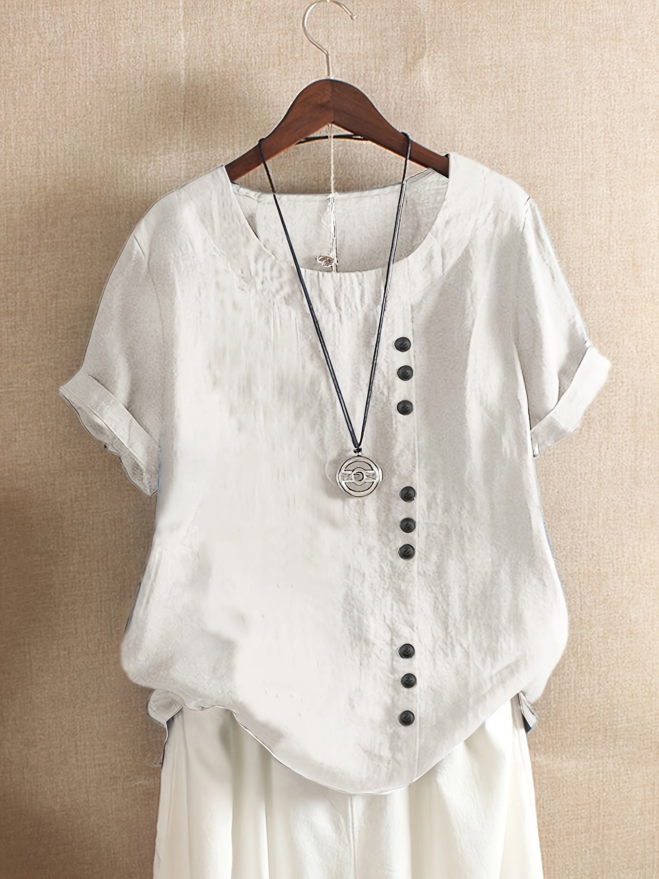Women's Cotton Woven Shirt with Bamboo Buttons Crew Neck Solid Color for Spring Fall Casual