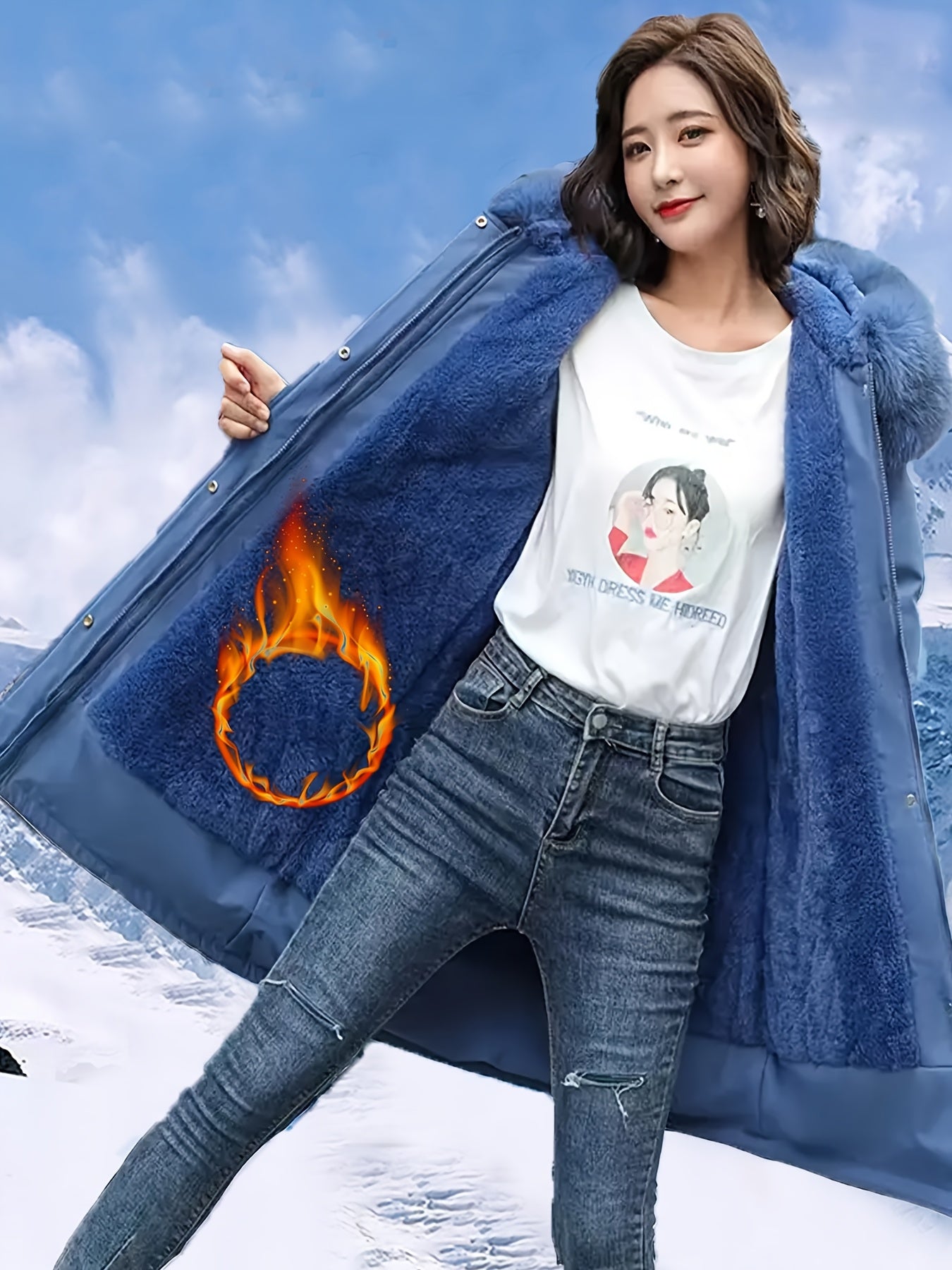 Women's Hooded Winter Coat with Removable Faux Fur Collar Water-Resistant Fleece Lining