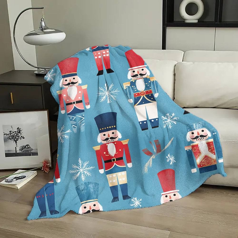 Cozy Flannel Throw Blanket with Cartoon Nutcracker Pattern for All Seasons Quilted Polyester Warmth