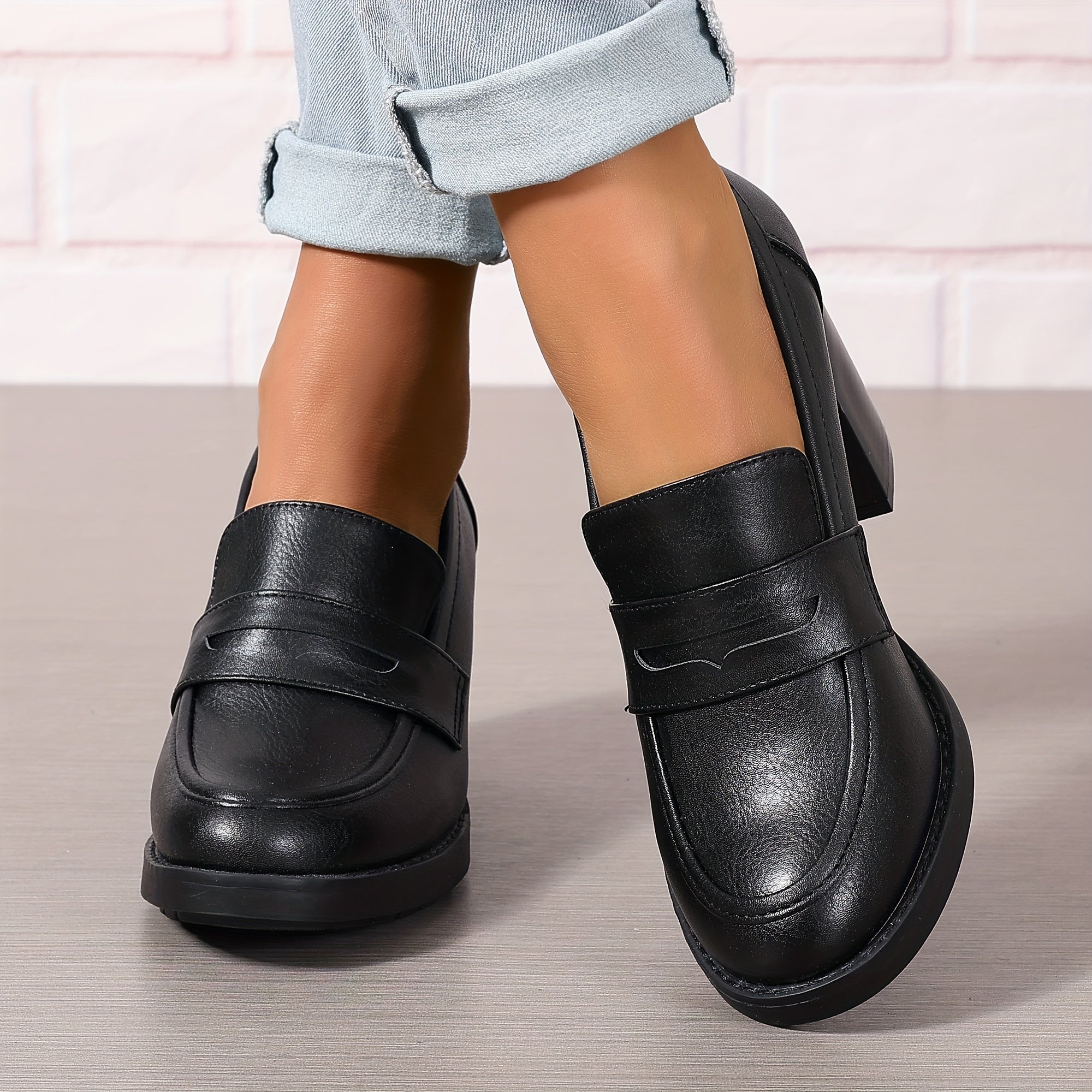 Women Slip-On High Heels Brown Faux Cover Round Toe Block Heel