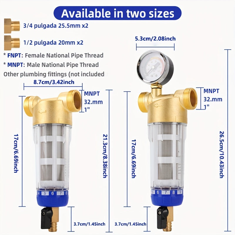 Barcha uy suv filtratsiyasi uchun zanglamaydigan po'latdan yasalgan to'rli cho'kma old filtrni almashtirish, elektr energiyasi talab qilinmaydi, shaffof plastik va metall konstruktsiya.