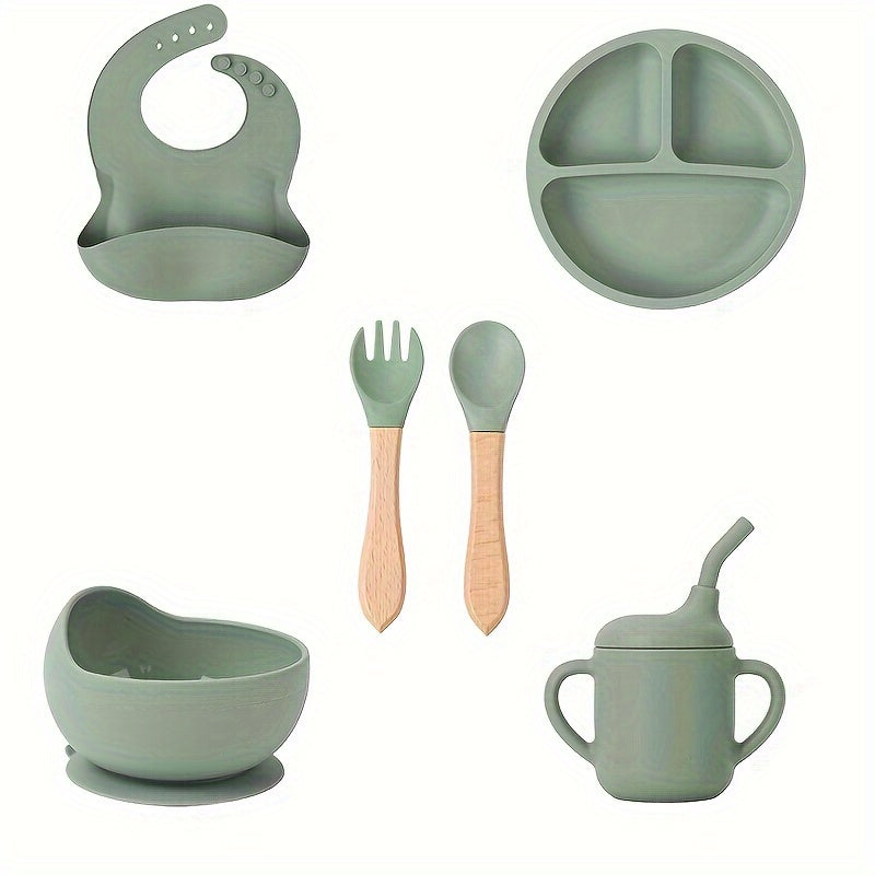 Baby Feeding Set 6 Pieces Silicone Includes Suction Bowl Divided Plate Spoon Fork Sippy Cup Bib