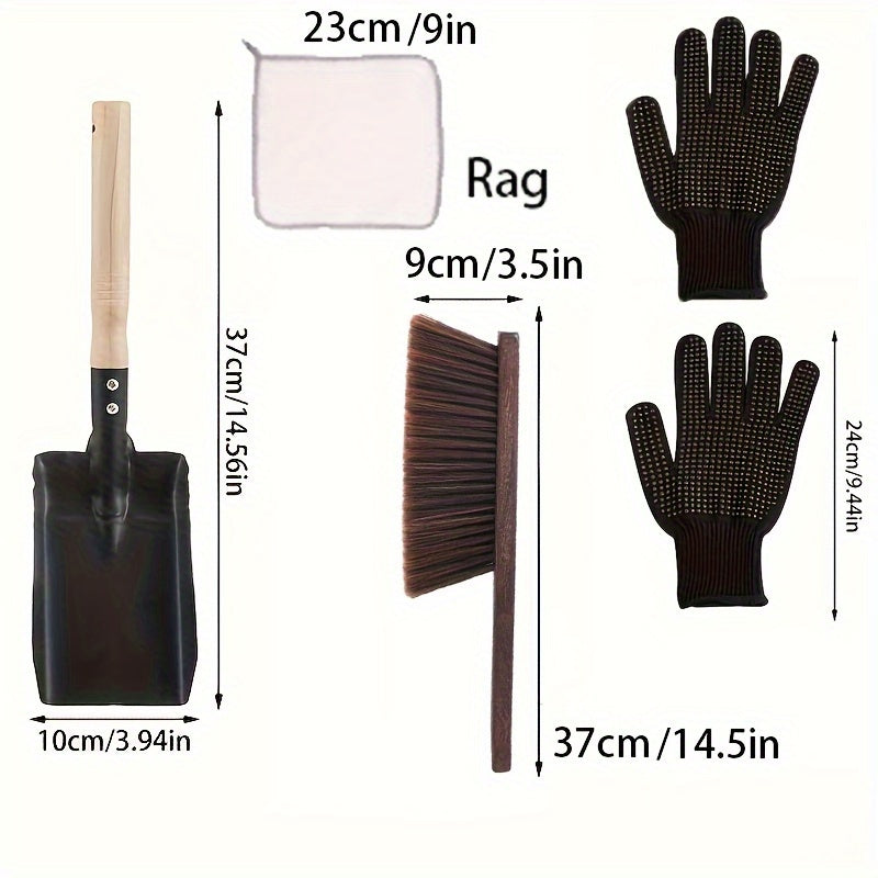 Fireplace Cleaning Kit with Metal Ash Shovel Brush Gloves 5 Pieces