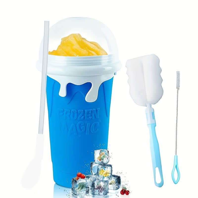 1 dona Silikon Slushy Cup Maker bilan qopqoq, quvur va cho'tkalar bilan - 16.91oz Ikki qatlamli tez muzlatish uchun siqish kubogi - dumaloq shakl, Oila va do'stlar uchun ideal sovg'a, yozgi ichimliklar uchun