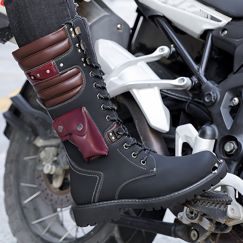Men's High-Top Leather Motorcycle Boots with Non-Slip Soles for Outdoor and Casual Wear