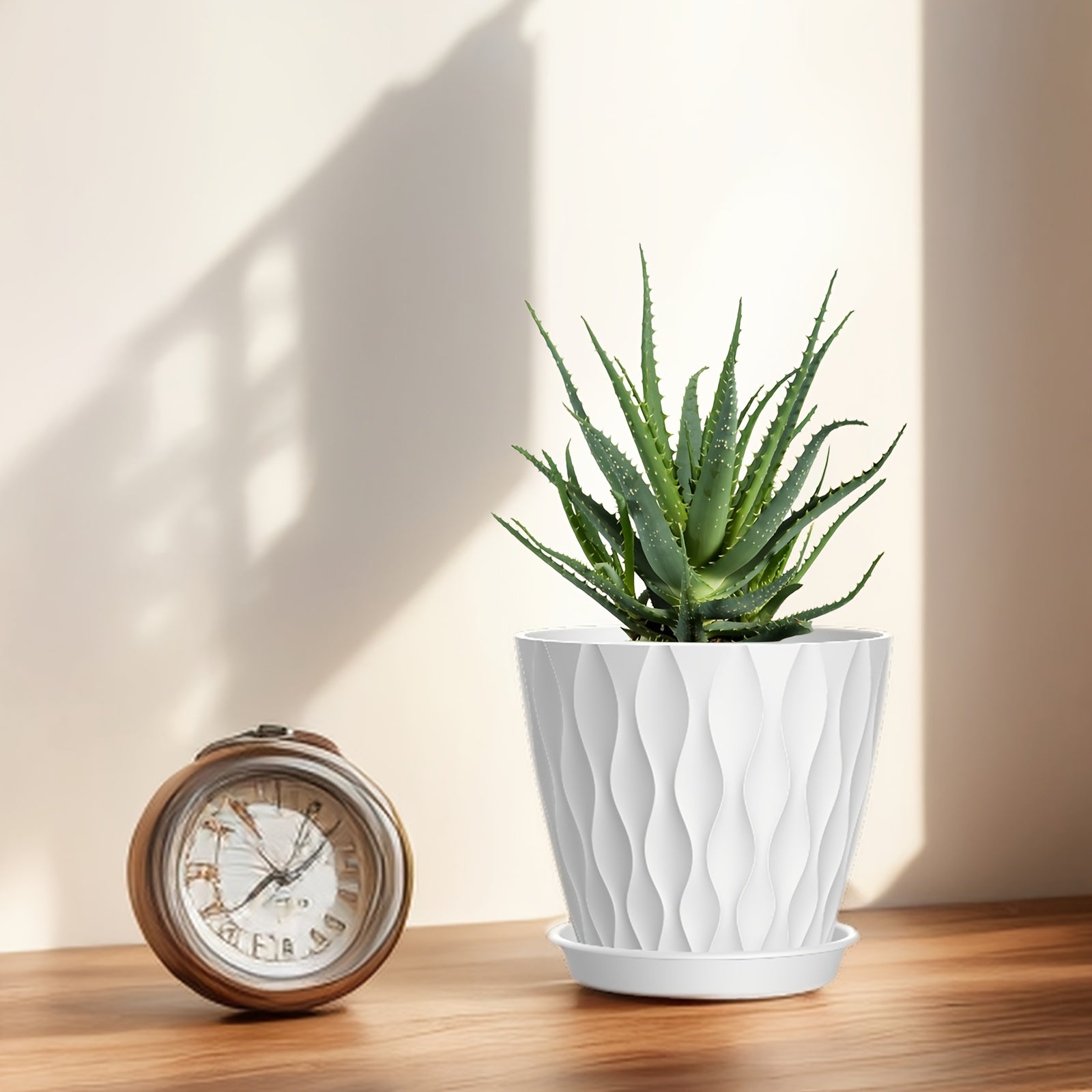 Set of 5 Boho Striped Plastic Flower Pots with Saucers 6-Inch Round Indoor Outdoor