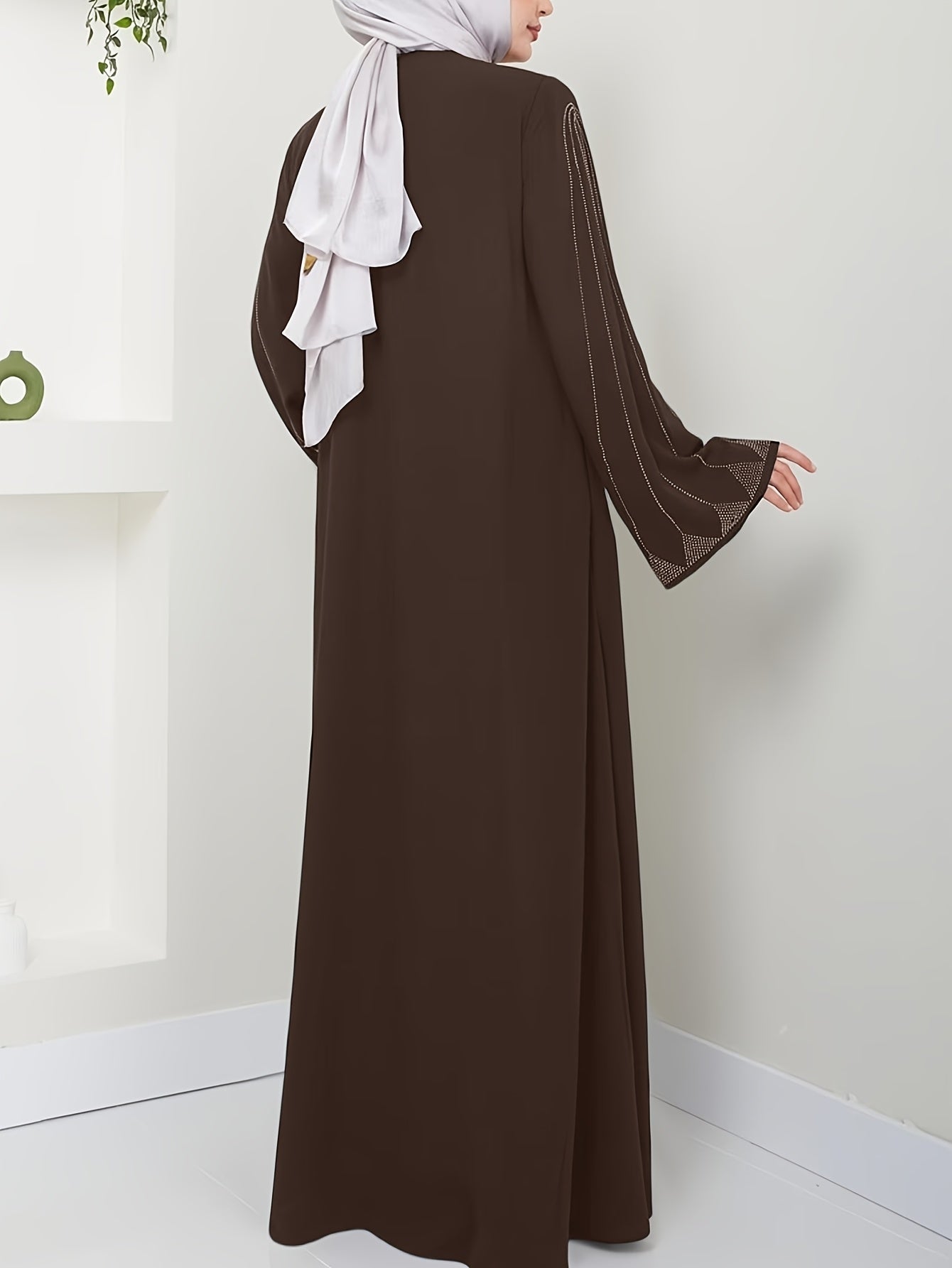 Brown Rhinestone Embellished Abaya for Muslim Women Long Sleeve Polyester Dress