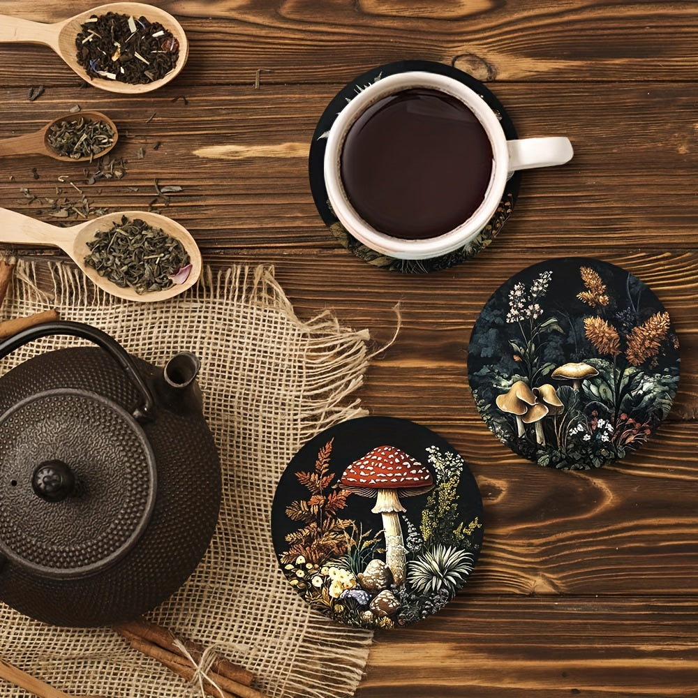 Juego de 6 posavasos de arte de bosque de setas con base de madera y respaldo de corcho para decoración de hogar, bar o restaurante