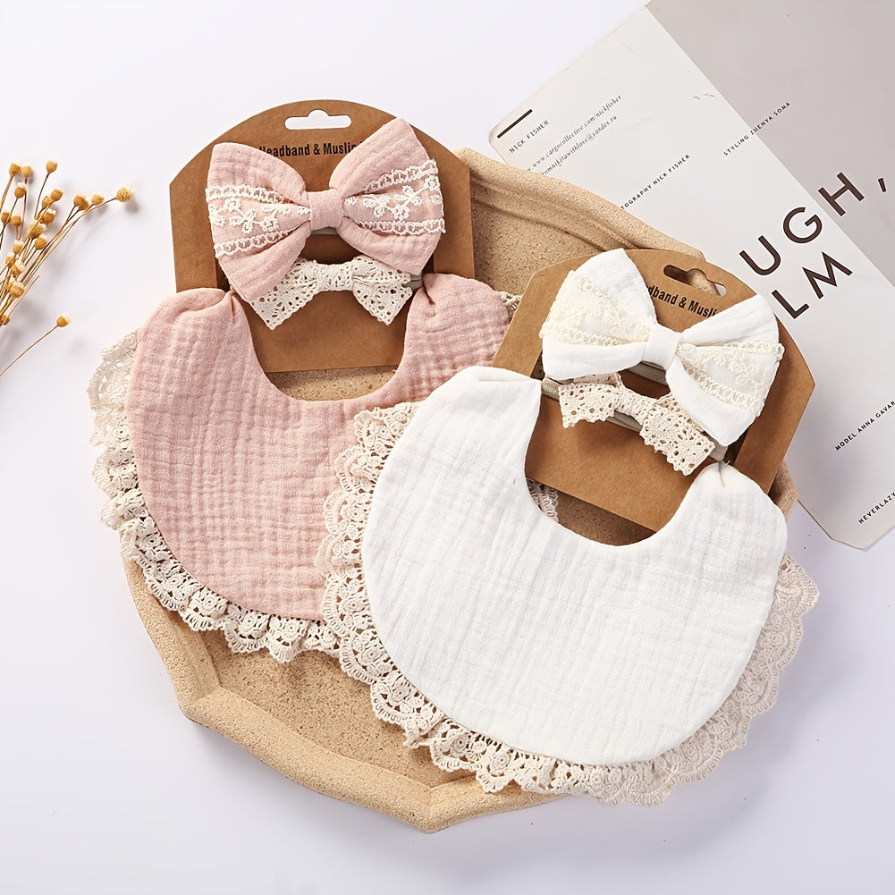 Baby Headbands and Bibs Set of Two with Stain-Resistant Baby Bib and Lace Bow Headband