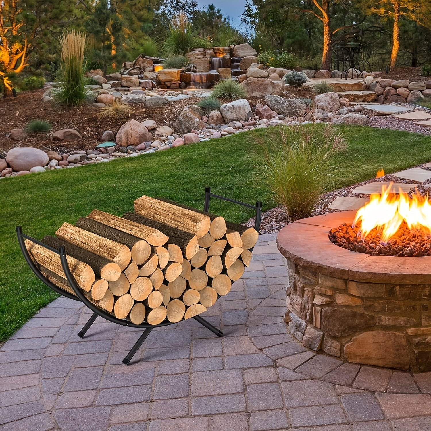Metall doira shaklidagi yoqilg'i ushlagich, kichik dekorativ ichki/tashqi olov o'chiruvchi log rack, porch va patio uchun yog'och saqlash
