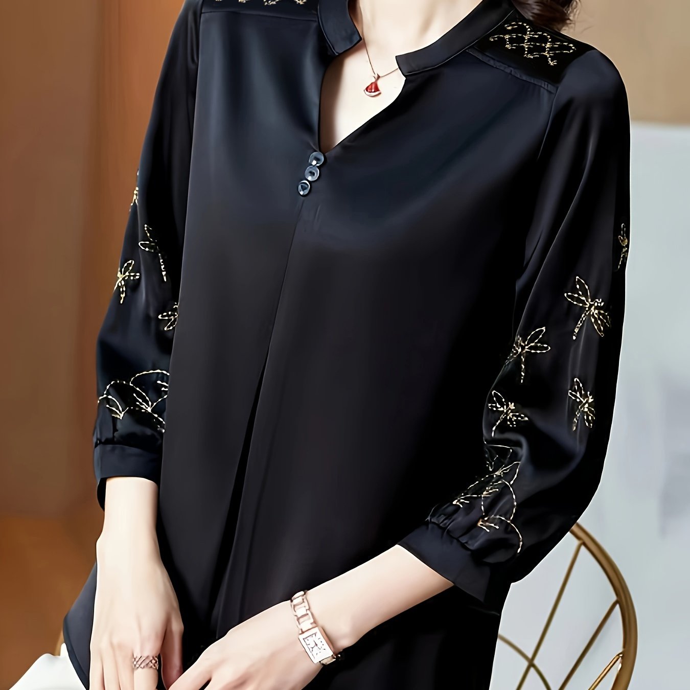 Women's Embroidered Notched Neck Blouse with 3/4 Sleeves for Spring and Fall