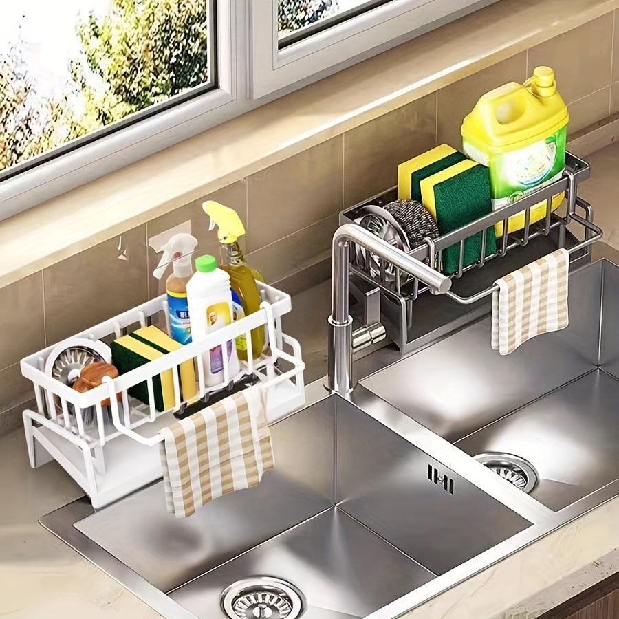 Kitchen Sink Organizer with Drain Rack and Storage Basket for Sponges and Detergents