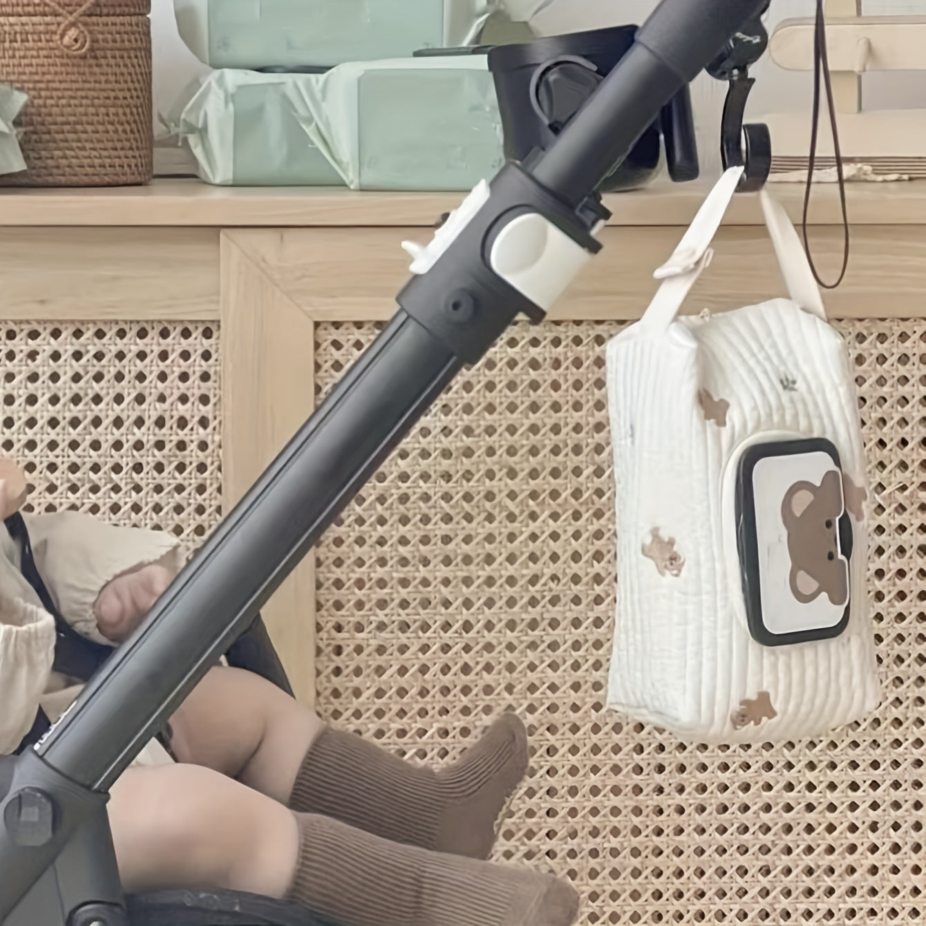 Beige Embroidered Wet Wipes Dispenser Hangable for Diapers Strollers Travel