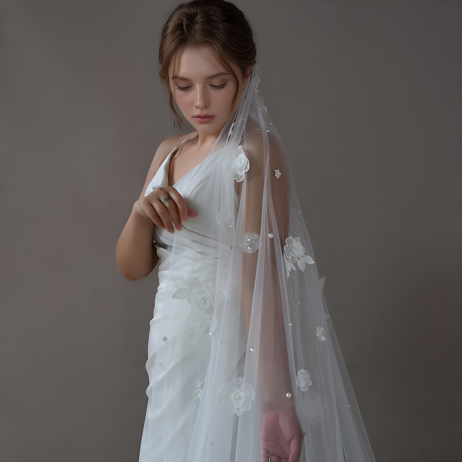 Vintage Bridal Veil with 3D Lace Flowers Nylon Hand Wash Wedding Accessory