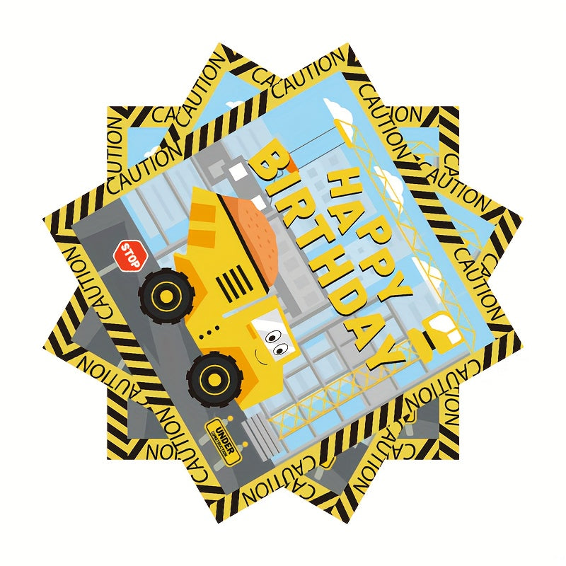 Набор для празднования дня рождения строительной самосвальной машины включает одноразовые тарелки, стаканы, салфетки для детского праздника