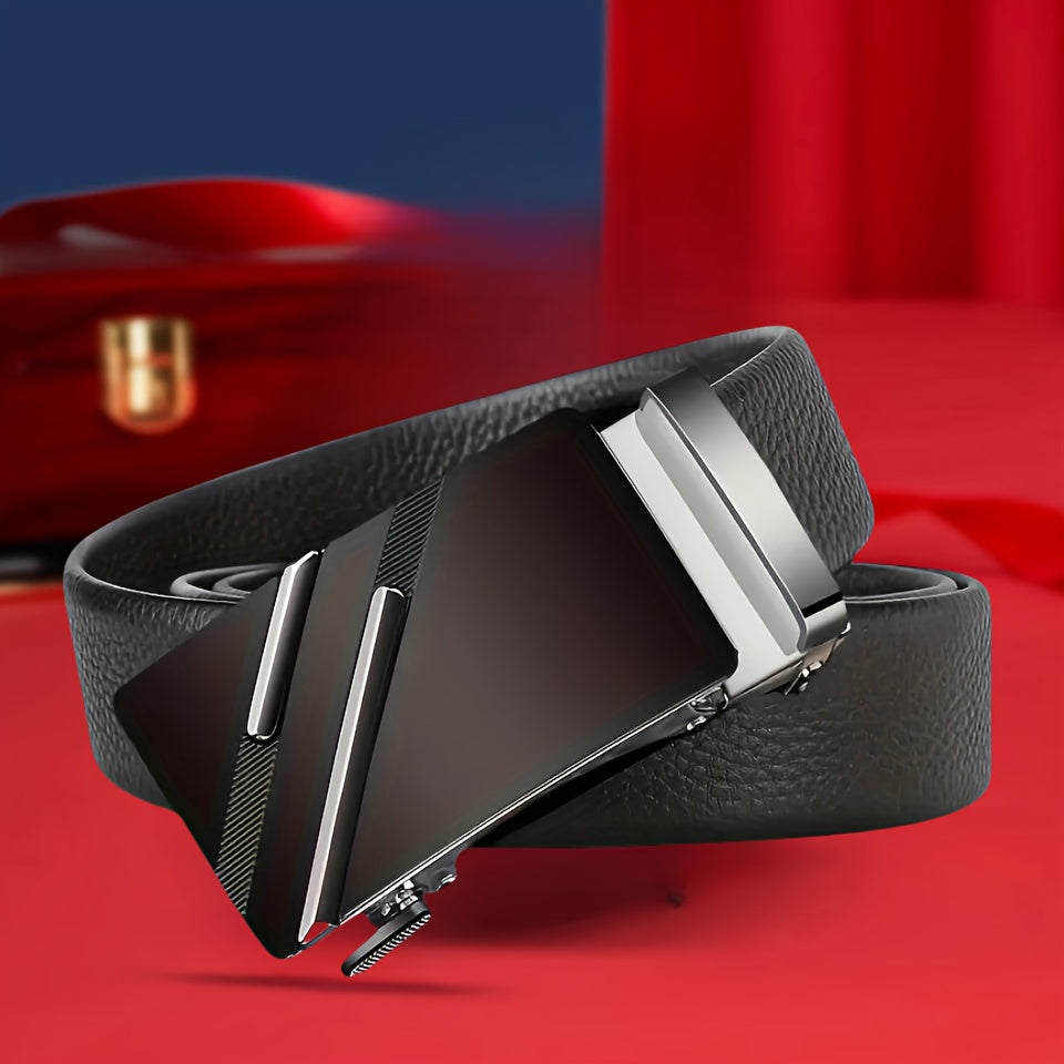 Cinturón casual de negocios para hombre con hebilla automática, patrón de lichi de doble barra, ajustable en PU