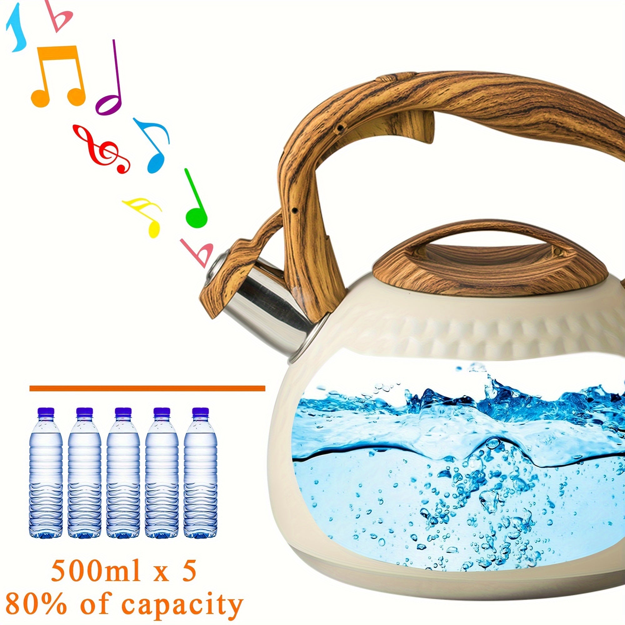 Stainless Steel Tea Kettle with Wooden Handle, Loud Whistle, Induction Compatible