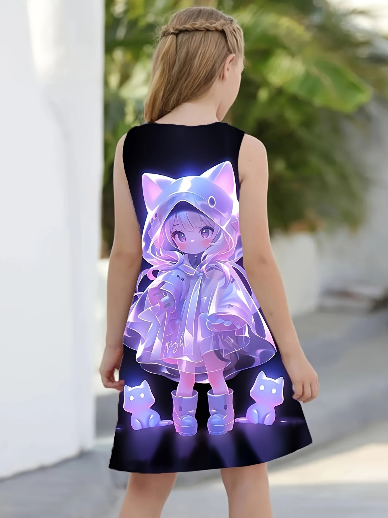 Girls Sleeveless Cat Print Dress Casual Animal Pattern Sundress for Kids