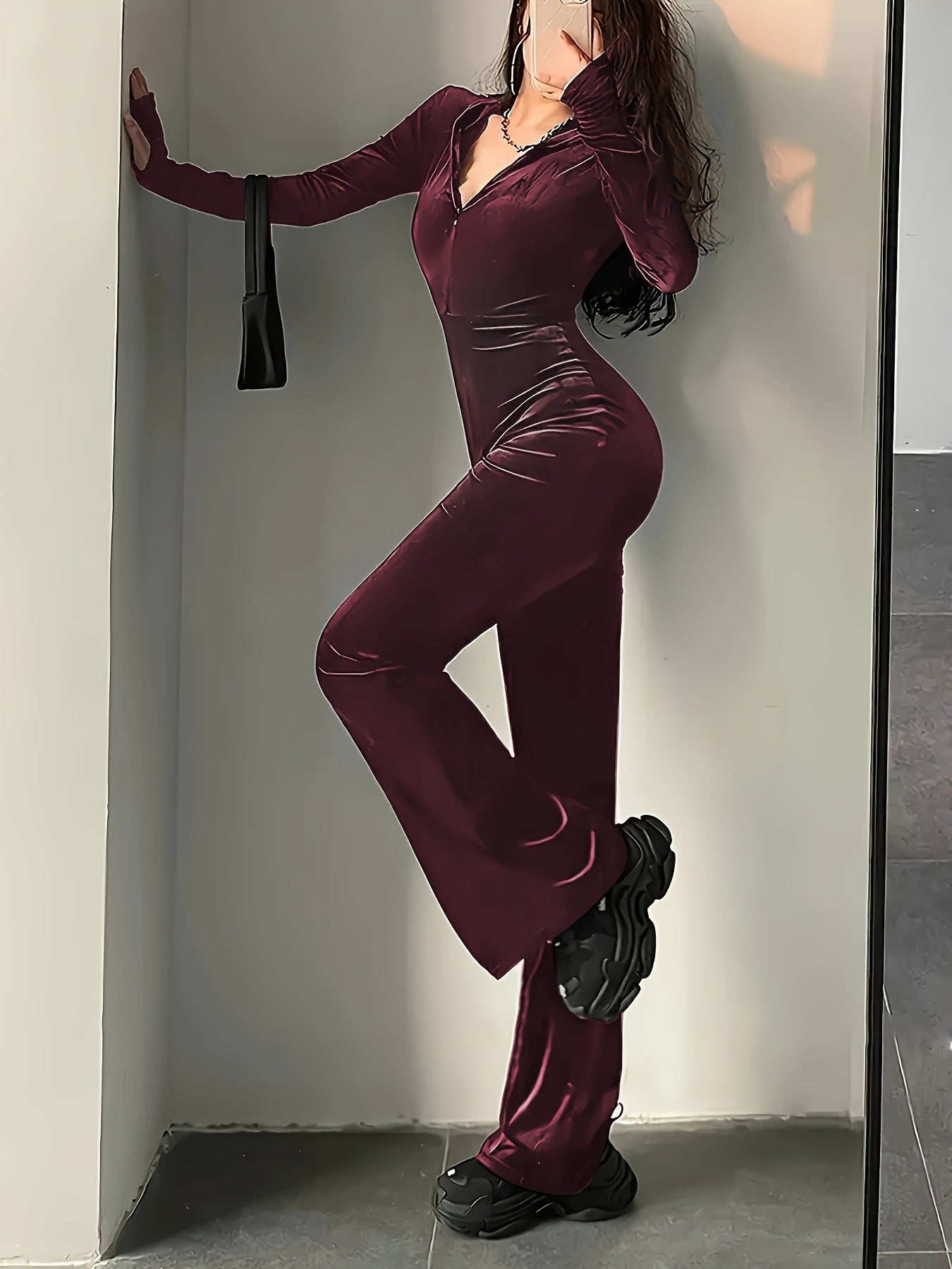 Women's Zipper Front Jumpsuit Hooded Long Sleeve Casual Fall Spring Knit Polyester Solid