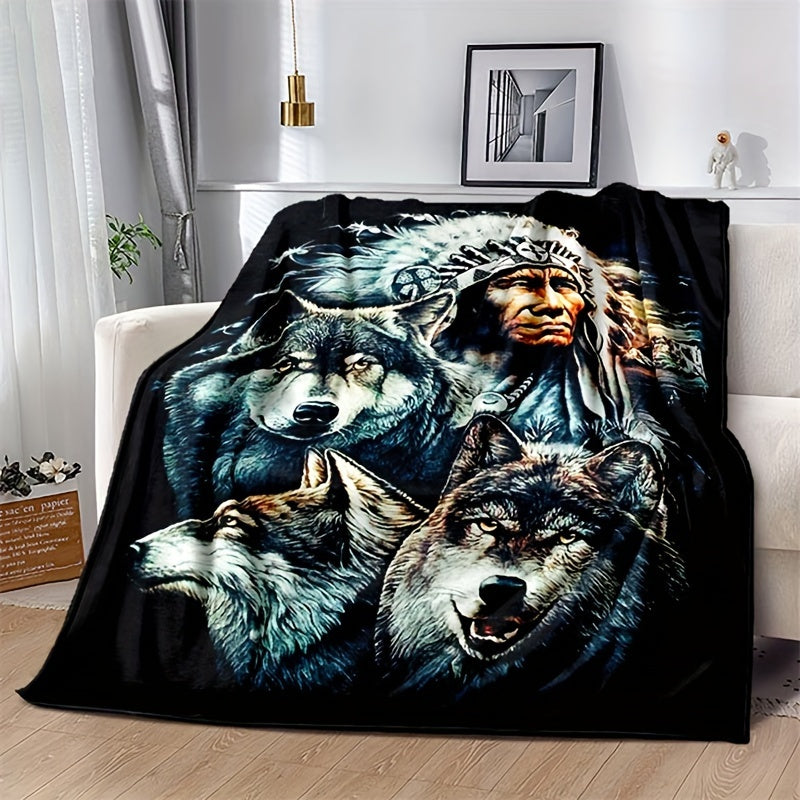 Retro Indian and Wolf Pattern Printed Blanket with Flange Soft Warm Fabric for Sofa Bed Camping